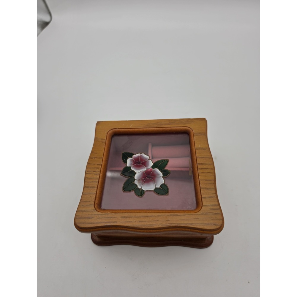 Vintage Estate Flower jewelry box Pink Rings Chains  5.5" X 5.5" Brown Wood
